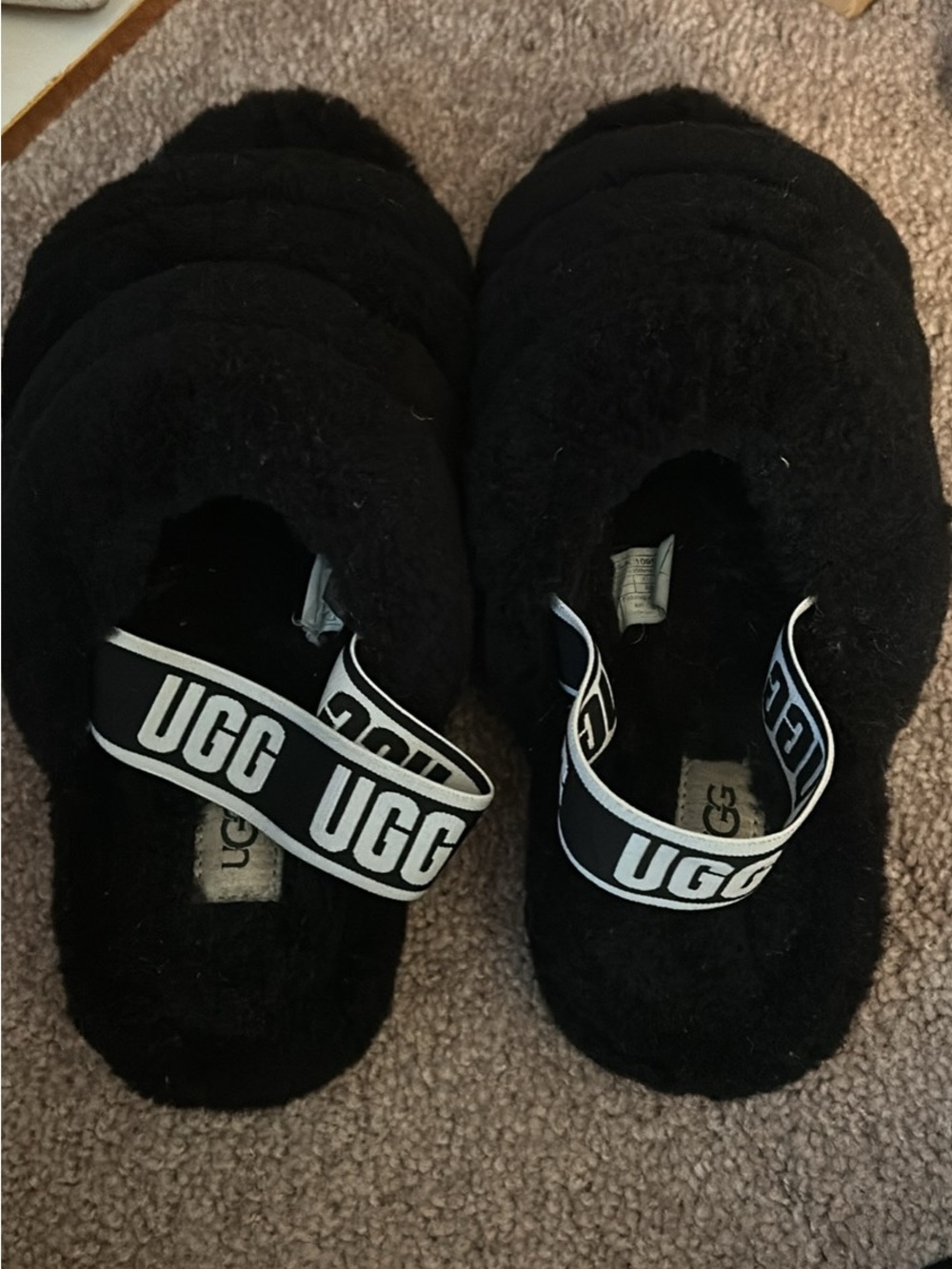 UGG Black Shearling Slide with Branded Elastic Strap